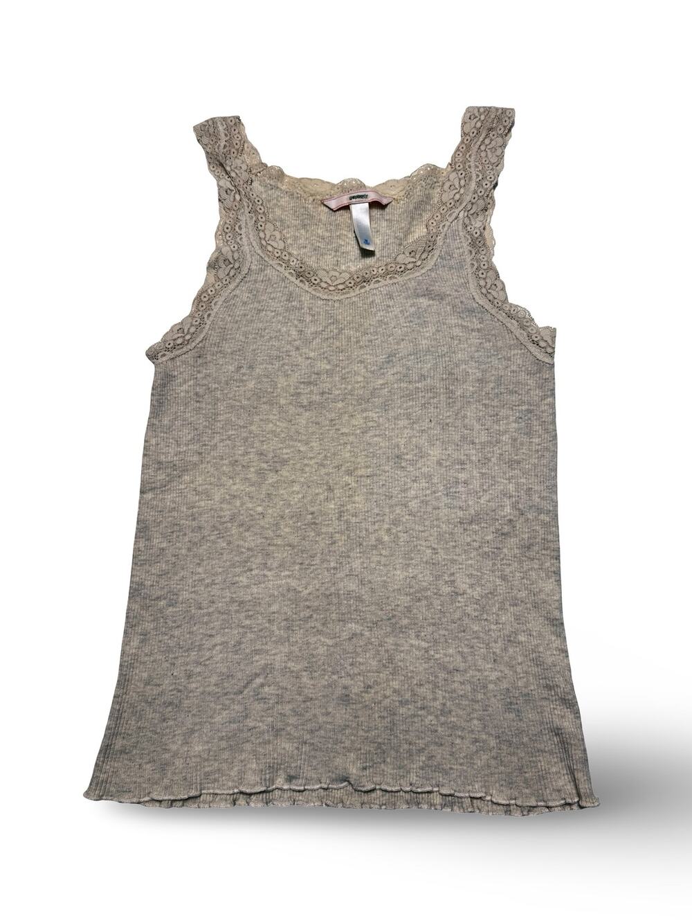 Y2K GapBody Heather Gray/ Beige Lace Trim Ribbed Tank Size Medium
